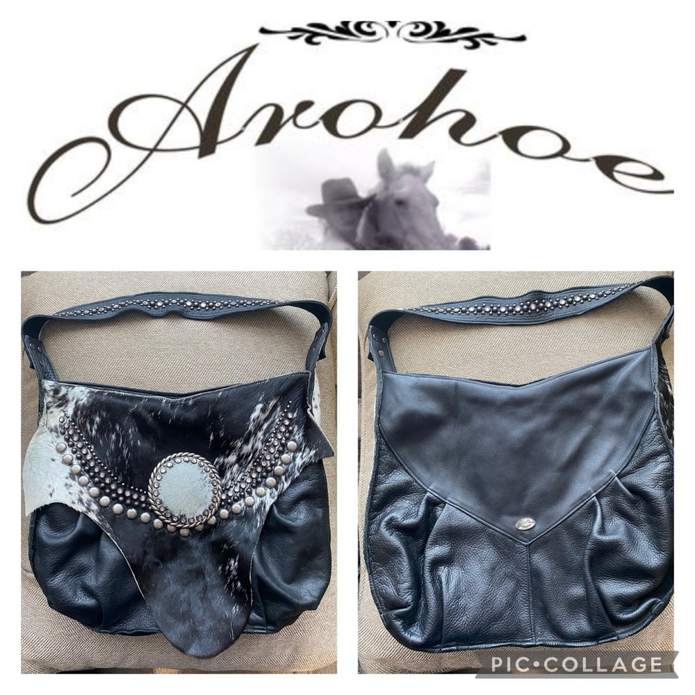 Custom Arohoe Leather/Cowhair Shoulder Bag. Rhinestone/Silver Detail. Blk/White.